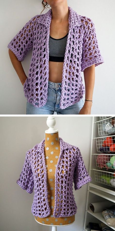 Crochet Cardigan With Collar, Crochet Short Sleeve Cardigan, Lace Cardigan Pattern, Crochet Shirt Pattern, Crocheted Sweaters, Feminine Crochet, Crochet Apparel, Cardigan Sweater Pattern, Crochet Cardigan Pattern Free