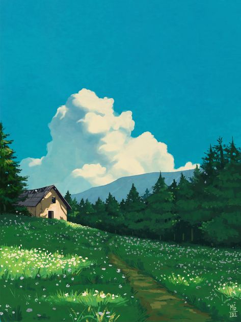 Perspective Art Reference Landscape, Scenery To Paint Landscapes, Scenery Painting Digital, Ghibli Studios Scenery, Anime Background Painting, Ghibli Style Landscape, Landscape Paintings House, Nature Painting Reference, Landscape Ideas For Painting