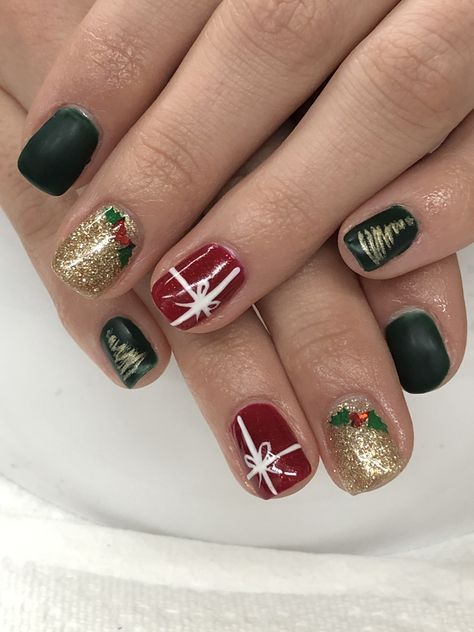 Christmas Gel Nails Red, Green & Gold Holly Christmas Present Red Holly Nails, Red Gold And Green Nails, Red Green Nails Christmas, Present Christmas Nails, Red Green And Gold Christmas Nails, Christmas Nails Red Green Gold, Red Green And Gold Nails, Christmas Nails Green And Gold, Christmas Nails Red Green