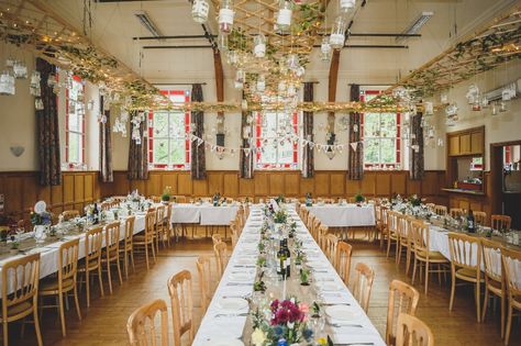 Click here for the full article from Foxley Photography Hall Christmas Decorations, Basement Wedding, Candlelit Wedding, Village Hall Wedding, Amazing Weddings, Wedding Hall, Hall Decor, Whimsical Wonderland Weddings, Wedding Location