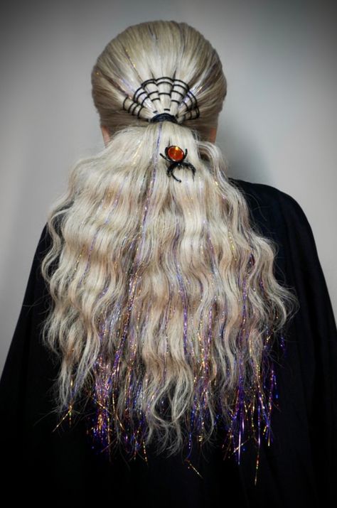 Spider Hairstyle, Spider Web Hair, Halloween Hairstyle, Halloween Costume Inspiration, Hair Tinsel, Fashion Words, Last Minute Halloween Costumes, Hot Tools, Halloween Hair