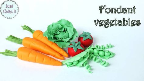 Fondant Vegetables, Vegetable Garden Cake, Kids Cake Toppers, Vegetable Cake, Cake In A Can, Garden Cakes, Cake Topper Tutorial, Fondant Cake Toppers, Fondant Tutorial