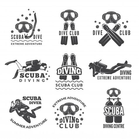 Labels or logos for diving club. Premium... | Premium Vector #Freepik #vector #logo Scuba Tattoo, Diving Logo, Lifeguard Shirt, Scuba Diving Tattoo, Underwater Background, Logo Club, Dove Tattoo, Fauna Marina, Scuba Diving Equipment