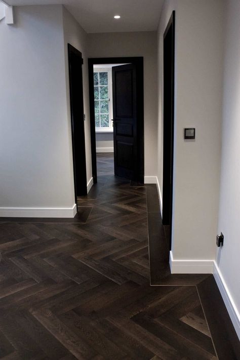 Dark Herringbone Floor, Most Durable Flooring, Herringbone Tile Floors, Oak Parquet, Oak Parquet Flooring, Herringbone Wood Floor, Wood Tile Floors, Brass Trim, Dark Wood Floors