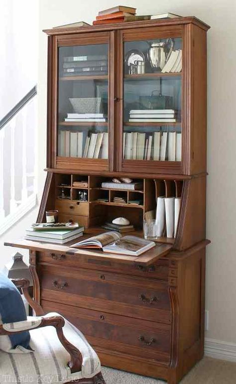 5 Ways To Style A Secretary Antique Secretary Desks Bedroom, Secretary Desk Living Room, Secretary Desk Styling, Secretary Desk In Living Room, Master Hallway, Airy Decor, Vintage Secretary Desk, Antique Secretary Desks, Vintage Secretary