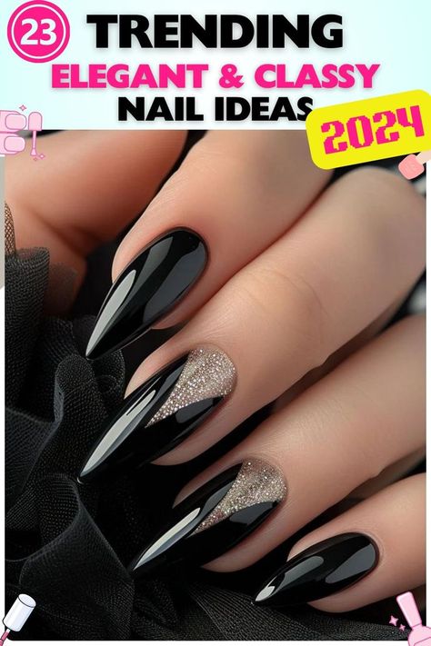 Black stiletto nails with glitter accent made from gel, featuring a glossy black color with glittery accents. Suitable for night outs or stylish events. Perfect for those looking for elegant classy nails with an edgy yet elegant vibe. Elegant Nails Classy Coffin Black, Elegant Nails With Black Dress, Matte And Sparkle Nails, Black With Sparkle Nails, Glamorous Black Nails, Wedding Nails For Black Dress, Dark Glam Nails, Black Wedding Nail Designs, Special Event Nails