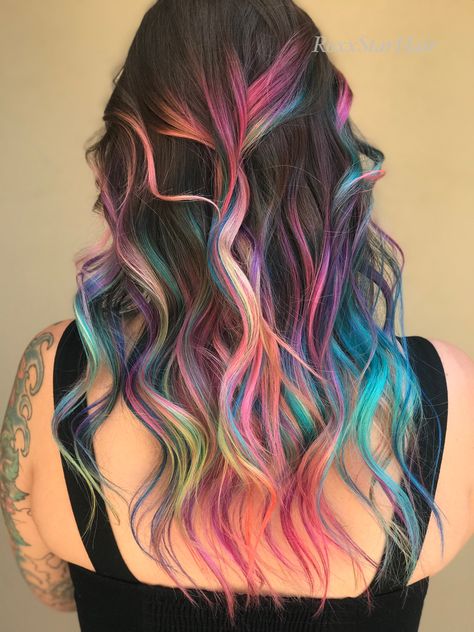 Rainbow Melt Hair, Colorful Hair Dye Ideas For Brunettes, Red Blue Hair Color, Colorful Hair For Brunettes, Brown Hair With Rainbow Underneath, Ombre Fashion Color Hair, Creative Hair Color Brunettes, Vivid Color Balayage, Vivid Underneath Hair