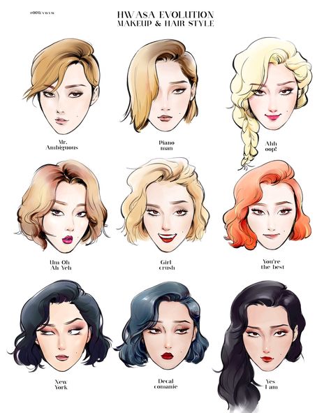 I like her hair from you're the best, decal, and yes i am Moonbyul Short Hair, Hwasa Short Hair, Hwasa Hair, Hwasa Hairstyles, Hwasa Mamamoo, Kpop Hair, Hair Sketch, 얼굴 그리기, Kpop Drawings