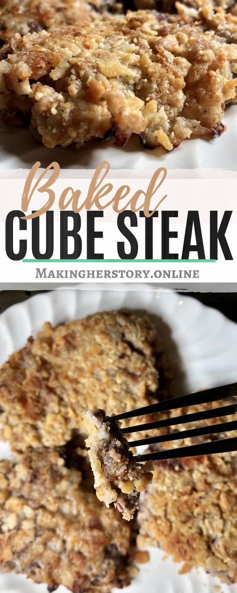 Baked cube steak with a crispy buttery crust that is full of flavor. Baked Cube Steak Recipes Ovens, Oven Cubed Steak Recipes, Baked Cubed Steak, Pork Cube Steak, Pork Cube Steaks, Beef Cubed Steak, Hamburger Dishes, Cubed Steak, Baked Steak