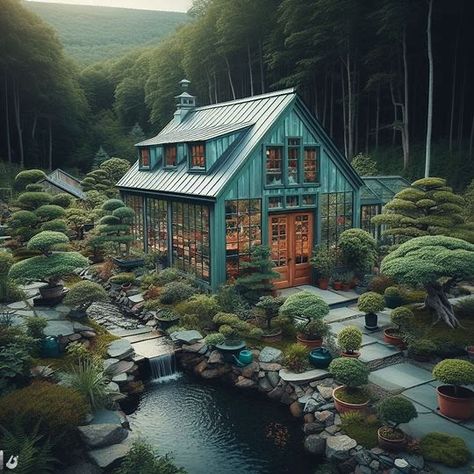 Greenhouse/teal barn, in upstate new york, bonsai tree farm surrounds house, small pond and stream in backyard - Image Creator from Microsoft Designer Backyard Streams, Greenhouse Backyard, Backyard Stream, Small Pond, Small Ponds, Tree Farm, Upstate New York, Tree Farms, Bonsai Tree