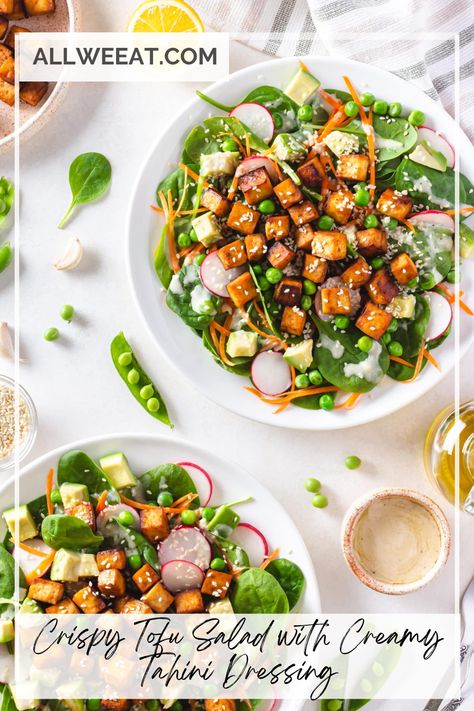 Enjoy a vibrant Crispy Tofu Salad with Creamy Tahini Dressing! This plant-based meal combines golden tofu with fresh greens, crunchy veggies, and a tangy tahini dressing for the perfect balance of flavor and texture. Great for a healthy lunch or dinner idea! #TofuSalad #PlantBasedRecipes #TahiniDressing #VeganMeals #HealthyEats Crispy Tofu Salad, Tofu For Salad Recipes, Tofu Salad Dressing, Thai Salad Recipes, Crunchy Veggies, Thai Salad, Foods With Iron, Tofu Salad, Thai Salads