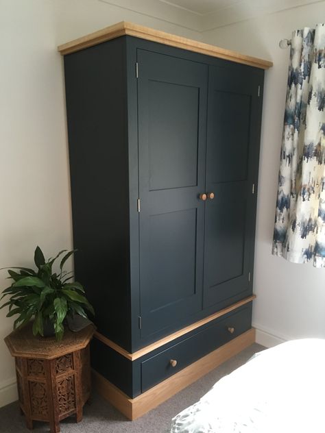 This lovely bespoke painted wardrobe is painted in Farrow and Ball's Hague Blue and features an oak plinth and top. CAN BE MADE ANY SIZE OR COLOUR! Storage Top Of Wardrobe, Painted Bedroom Wardrobes, Rustic Pine Armoire Makeover, Wardrobe Refurbish Ideas, Painted Wardrobes Ideas, Chalk Paint Wardrobe Ideas, Wooden Furniture Painting Ideas, Pine Wardrobe Bedroom, Painted Wooden Wardrobe