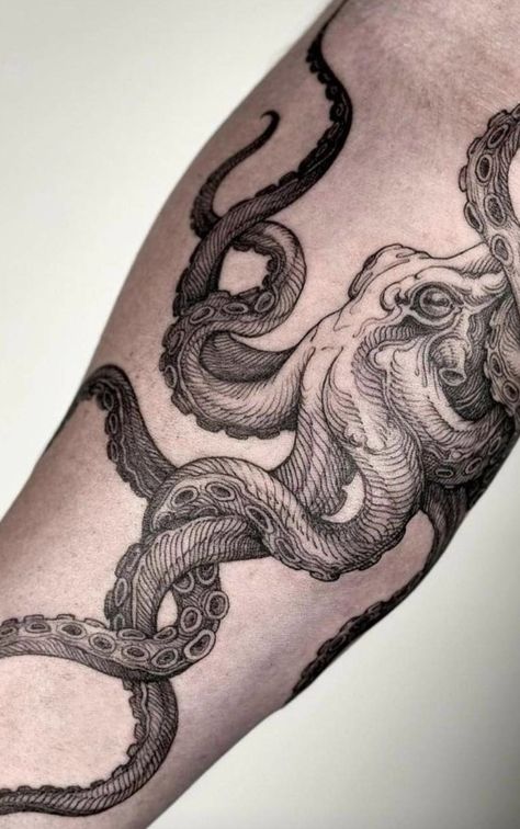 Octopus Leg Tattoo Men, Small Animal Tattoos For Men, Small Leg Tattoo Men, Tentacle Tattoo, Most Painful Tattoo, Octopus Tattoo Sleeve, Tattoos 2023, Kraken Tattoo, Octopus Tattoo Design