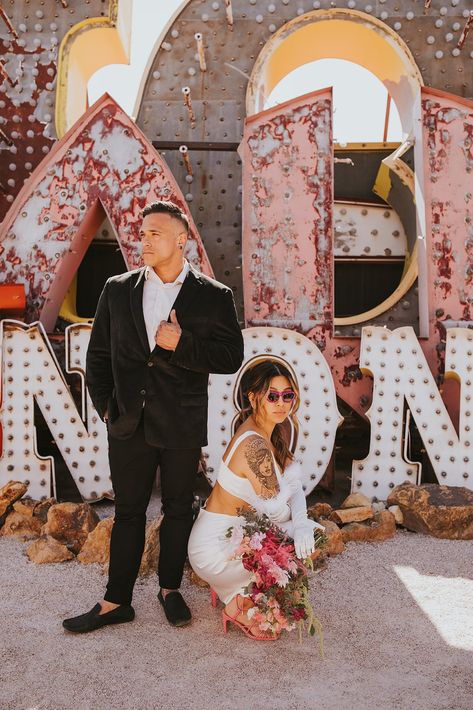 Mikey and Ashley's Las Vegas Elopement at The Neon Museum in Las Vegas. Las Vegas Wedding, Las Vegas Elopement, Las Vegas Wedding Photographer, Destination Wedding Photographer, Las Vegas Elopement Photographer The Neon Museum Las Vegas Weddings, Retro Vegas Wedding, Neon Museum Wedding, Neon Museum Las Vegas, The Neon Museum, Museums In Las Vegas, Neon Museum, Vegas Elopement, Las Vegas Elopement