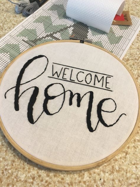 Welcome home embroidery hoop for my sunroom... Welcome Home Embroidery Hoop, Welcome Home Embroidery, Simple Embroidery Designs, Knitting Paterns, Embroidery Stitches Tutorial, Creative Embroidery, Simple Embroidery, Art Drawings Sketches Simple, Art Drawings Simple