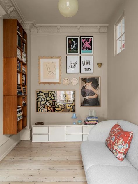 Copenhagen Apartment, Low Sideboard, Paint And Paper Library, Chimney Breast, Bauhaus Style, Curved Sofa, House Garden, Open Plan Living, Wooden Shelves