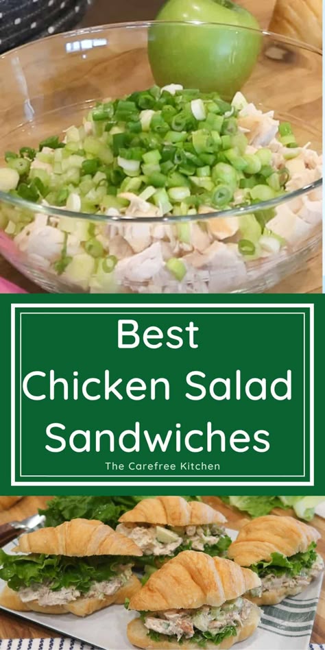 This classic Chicken Salad Sandwich recipe is full of tender rotisserie chicken, creamy dill dressing and crunchy apples and celery. #thecarefreekitchen #chicken #salad #sandwich #lunch #easy #makeahead #croissant Chicken Salad Sandwich On Croissant, Best Chicken Salad Ever, Cashew Chicken Salad Sandwich, Croissant Sandwich Chicken Salad, Chicken Salad Crescent Sandwiches, Chicken Salad For Sandwiches, Chicken Salad Recipe Using Rotisserie Chicken, Chicken Salad With Apples And Celery, Chicken Salad On Croissant