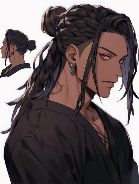 Pretty Anime Men Long Hair, Male Hair Designs Drawing, Long Hair Reference Male, Middle Eastern Male Character Art, Blue Haired Oc Male, Manhwa Men Black Hair, Long Haired Men Art, Male Hair Designs, Anime Man Long Hair