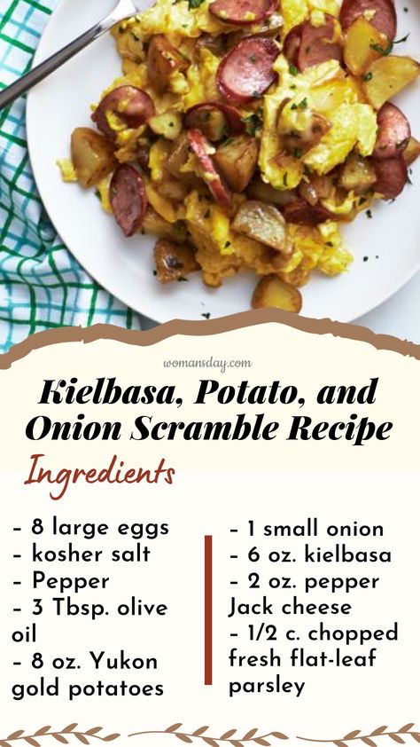 Enjoy a hearty egg dish for breakfast with kielbasa, potatoes, and onions, sure to fill you up before you start your day. Kielbasa Potatoes, Egg Scramble, Potatoes And Onions, Gold Potatoes, Yukon Gold, Yukon Gold Potatoes, Pepper Jack Cheese, Egg Dish, Kielbasa