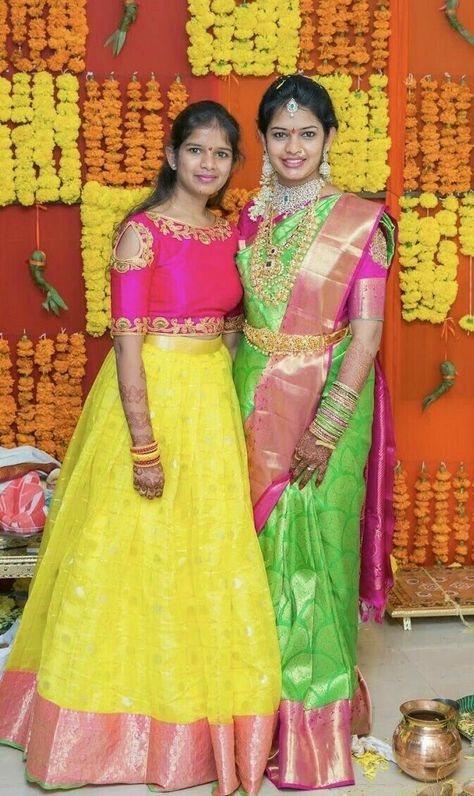 Yellow And Pink Lehenga, Lemon Yellow Lehenga, Pink Traditional Saree, Bridal Entry Ideas, Gold Vaddanam, Pink Half Sarees, Half Saree Lehenga, Pattu Saree Blouse Designs, Wedding Saree Blouse