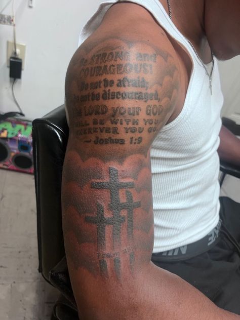 Tattoo Idea For Shoulder, Half Upper Sleeve Tattoo Men, Upper Arm Memorial Tattoo Men, Bible Verse Quarter Sleeve Tattoo, Upper Arm Tattoo Men Half Sleeves Clouds, Shoulder And Bicep Tattoo Men, Men Tattoo Bicep, Arm Shoulder Tattoo Men, God Shoulder Tattoo Men