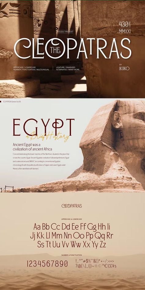 The Cleopatras Typeface Font Egypt Design Illustration, Egyptian Graphic Design, Egypt Graphic Design, Egypt Typography, Egyptian Typography, Ancient Typography, Egyptian Font, Ancient Egypt Design, Typography Moodboard