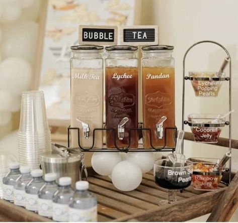 Boba Table Wedding, Milk Tea Party Theme, Boba Bar Wedding Drink Stations, Birthday Party Coffee Bar, Sweet Tea Wedding Drink Stations, Bubble Tea Station Party, Boba Bridal Party, Make Your Own Boba Station, Boba Tea Station Party