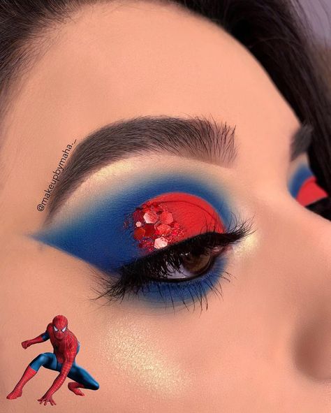 Marvel Eyeshadow Looks, Superhero Eye Makeup, Spiderman Eyeshadow, Disney Eyeshadow Looks, Wonder Woman Pop Art Makeup, Disney Eye Makeup, Pony Makeup, Crazy Eye Makeup, Makeup Themes