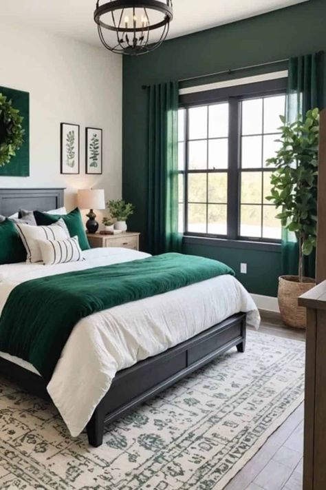 A Touch of Luxe: Transforming Spaces with Emerald Green Bedrooms - West Magnolia Charm White Bedroom With Dark Green Accents, Deep Green Master Bed, Emerald And Sage Bedroom, Hunter Green And White Bedroom, Dark Green Room Color, Emerald Green Duvet Cover Bedroom Ideas, Emerald Green Master Bedrooms Decor, Emerald Room Ideas, Bedroom Hunter Green