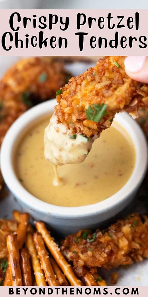 Crispy Pretzel Chicken Tenders recipe. Pretzel Chicken Tenders, Spicy Honey Mustard, Easy Chicken Tenders, Spicy Pretzels, Pretzel Chicken, Honey Mustard Pretzels, Dipping Sauces For Chicken, Honey Mustard Dipping Sauce, Mustard Dipping Sauce