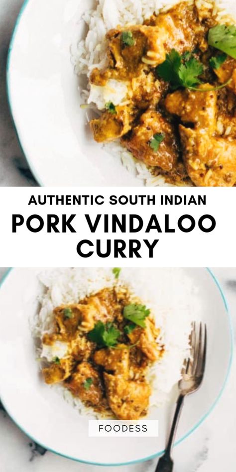 A delicious, tangy South Indian Pork Vindaloo Curry recipe with vinegar, coconut milk, and spices. Give this easy and authentic dish a try! Indian Pork, Pork Vindaloo Recipe, Pork Vindaloo, Vindaloo Curry, Vindaloo Recipe, Pork Stew Recipes, Pork Curry, Pork Stew, Easy Indian Recipes