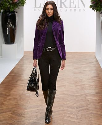 {Fashion} Purple pop by Ralph Lauren, Corduroy Blazer, Jersey Turtleneck, Straight-Leg Cargo Pants & boots #velvet #jacket #purple #blackandpurple #RalphLauren #fashion 💜 Women Winter Outfits Casual, Blazer Outfits For Women Work, Purple Blazer Outfit, Velvet Jacket Outfit, Casual Outfits For Winter, Velvet Blazer Outfit, Women Winter Outfits, Winter Outfits Casual, Winter Outfits For Women