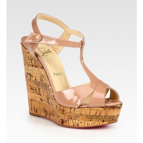 Christian Louboutin Marina Liege Patent T-Strap Wedge Sandals ($675) found on Polyvore Louboutin Wedges, Nude Wedges, 3 Shoes, Cork Wedges Sandals, Strap Wedge, Peep Toe Sandals, Mens Pants Fashion, Leather Wedge Sandals, Fabulous Shoes