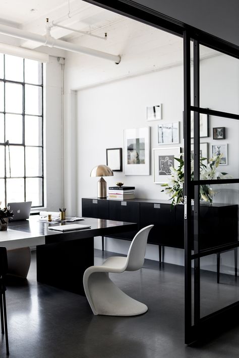 Work Office Design, Scandinavian Office, Black And White Office, Home Office/guest Room, Industrial Office Design, San Francisco Design, Loft Office, Panton Chair, Office Guest Room