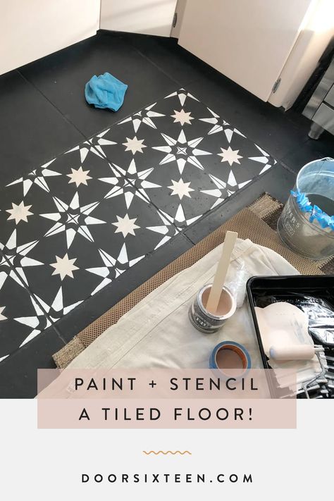 I gave my ugly kitchen floor tiles a makeover using paint and a stencil! Painting A Tile Floor, Floating Banquette, Diy Kitchen Floor, Tiled Kitchen Floor, Painted Kitchen Floors, Santa Fe Kitchen, Stenciled Tile, Stenciled Tile Floor, Painted Bathroom Floors