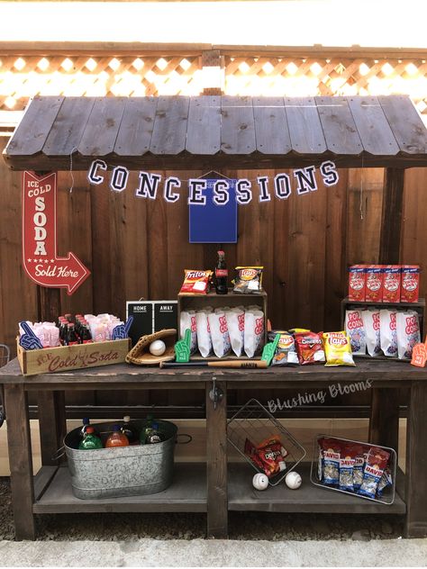 Outdoor Baseball Party, Baseball Theme First Birthday Party Food, Braves Themed Party, Braves Baseball Birthday Party, Baseball Theme Birthday Party For Men, Baseball First Birthday Food, Vintage Baseball 1st Birthday Party, Baseball Party Concession Stand, Yankee Theme Birthday Party