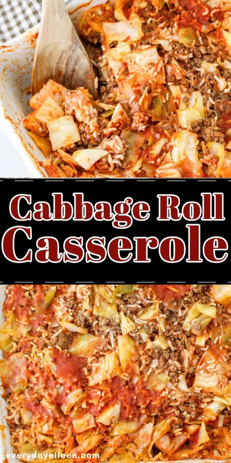 Our lazy cabbage roll casserole is an unstuffed version of delicious stuffed cabbage rolls. This easy ground beef casserole with rice and cabbage comes together quickly and delivers the best tasting cabbage casserole. This is a great make ahead meal that freezes well too. Hamburger Meat With Cabbage Recipes, Lazy Stuffed Cabbage Casserole, Unstuffed Cabbage Rolls Casserole, Cabbage Roll Casserole With Sauerkraut, Cabbage Rice Ground Beef Casserole, Cabbage And Meatballs, Lazy Man Cabbage Rolls Casseroles, Unstuffed Cabbage Rolls With Rice, Cabbage Roll Casserole With Rice