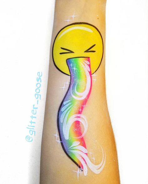 Quick Easy Face Painting, Emoji Face Paint, Arm Face Painting, Face Paint On Arm, Arm Paint Ideas, Face Paint Arm, Arm Face Paint, Simple Face Painting Ideas, Rainbow Puke