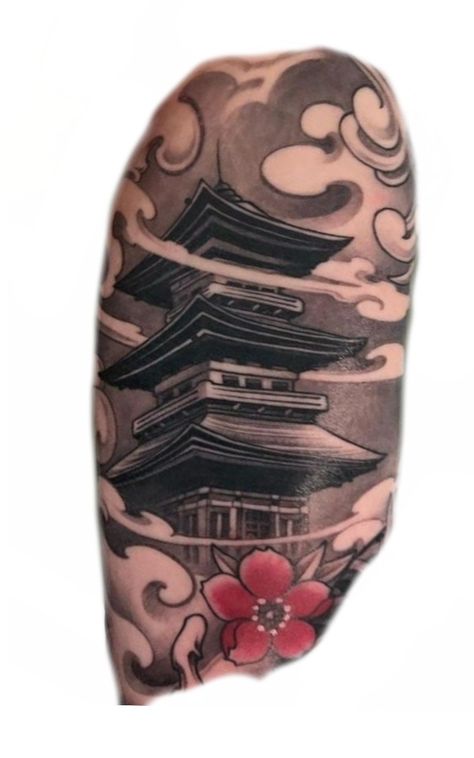 Chinese Tower Tattoo, Buddha Temple Tattoo, Japanese Building Tattoo, Japanese House Tattoo, Japanese Pagoda Tattoo, Pagoda Tattoo, Tattoo Brazo Mujer, Japanese Temple Tattoo, Lion Chest Tattoo