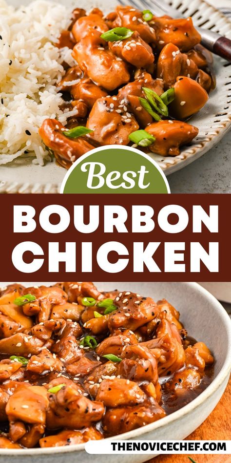 Served over white rice, this bourbon chicken in a homemade sweet-and-savory sauce is the perfect Asian-style quick meal. Ready in 30 minutes, why would you go back to take-out? Everything's always tastier and healthier when made at home. Easy Bourbon Chicken, Burbon Chicken, Homemade Stir Fry Sauce, Bourbon Chicken Recipe, Bourbon Chicken, Best Bourbons, Stir Fry Sauce, Dinner Recipes Easy Quick, Healthy Dinner Recipes Chicken