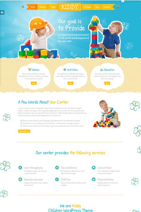 Kiddy is a fun and colorful Children WordPress theme designed for preschools, kindergartens, daycares, and other children's educational institutions. The theme features a playful and engaging design that is sure to capture the attention of both children and parents. It comes with a range of pre-built templates for various sections, including classes, teachers, events, and more, making it easy to create a professional and informative website. Wordpress Theme Design, Skills To Learn, Activity Games, Educational Activities, Wordpress Themes, Creative Kids, Social Skills, Early Childhood, Wordpress Theme