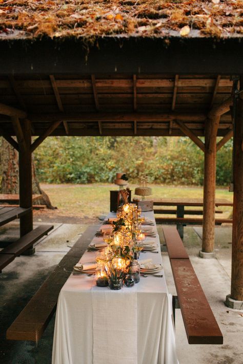 beautiful pavilion picnic table setting Pavillion Wedding Decorations, Picnic Table Wedding, Pavilion Wedding Reception, Pavillion Wedding, Bench And Table, Park Pavilion, Pavilion Wedding, Outdoor Park, Picnic Wedding