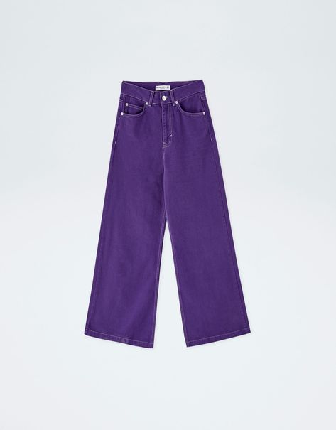 Purple Wide Leg Jeans, Purple Wide Leg, Lilac Aesthetic, Wide Leg Jeans Outfit, Wide Leg Denim Jeans, Pull And Bear Jeans, Jeans Wide, Jeans Outfit, Fashion 2018