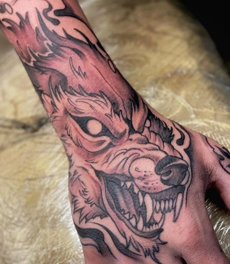 Fire Wolf Tattoo Blue Eyed Wolf Tattoo, Western Wolf Tattoo, Fire Wolf Tattoo, Fox Hand Tattoo, Wolf Tattoo Hand, Wolf Hand Tattoo, Wolf Forearm Tattoo, Wolves Tattoo, Fire Wolf