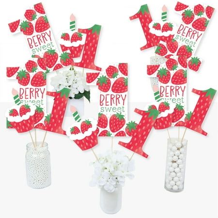 Bring your party theme to all areas of the celebration with Big Dot of Happiness Berry Sweet Strawberry Table Toppers. Each heavy-duty cardstock paper cutout quickly attaches to the included sticks to create centerpiece sticks that can be used in vases or floral arrangements at all your party tables. You can even add them to candy jars at your goodies table! Berry Sweet Strawberry centerpiece sticks may also be used as photo booth props. You will love how versatile this fun party supply is while Strawberry Centerpiece, First Birthday Centerpieces, Fruit Table, Strawberry Cupcake, Berry First Birthday, Fruit Birthday, 1st Birthday Party Themes, Strawberry Party, Birthday Party Centerpieces