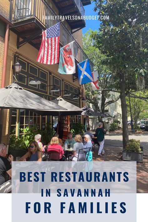 people dining outside the Six Pence Pub in Savannah, GA with the iconic front window with flags hanging above the entrance and large oak trees outside. Savannah Georgia Food, Savannah Georgia Restaurants, Savannah Georgia Vacation, Savannah Restaurants, Family Friendly Breakfast, Savannah Historic District, Kids Restaurants, Georgia Coast, Historic Savannah