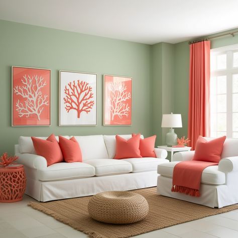 45 Amazing Coral Living Room Design Ideas to Brighten Up Your Space Coral House Decor, Sage And Coral Living Room, Coral Living Room, Coral Living Rooms, Coral Curtains, Coral House, Turquoise Room, Chic Throw Pillows, Beach Interior