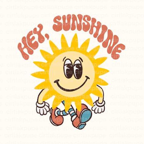 Hey Sunshine, Sunshine Design, Hippie Sun, Groovy Design, Retro Summer Aesthetic, Summer Graphics, Summer Png, Retro Sun, Sunshine Print