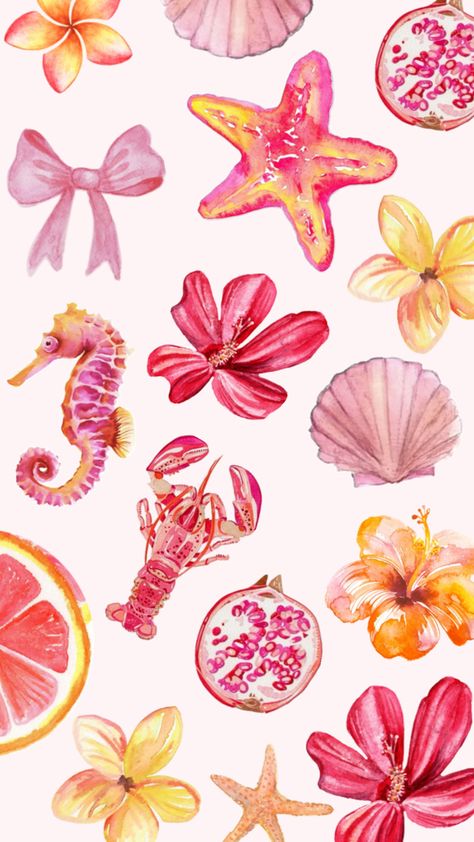 flowers pink yellow orange seashells beachy fruit pomegranate seahorse baby pink bow ribbon coquette shells starfish star girl aesthetic blush theme ideas iPhone iPad wallpaper background Star Girl Aesthetic, Baby Pink Bow, Summer Prints Wallpaper, Iphone Wallpaper Stars, Beachy Wallpaper, Pink Wallpaper Ipad, Tapeta Z Hello Kitty, Cute Home Screen Wallpaper, Bow Wallpaper