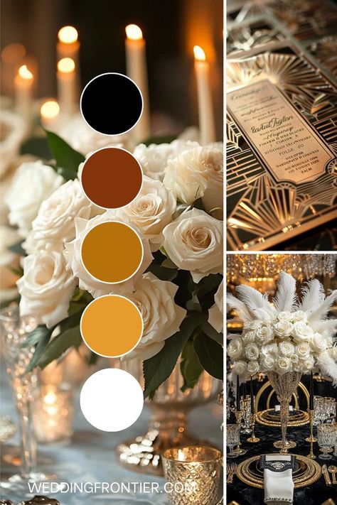 Great Gatsby wedding theme ideas for a glamorous, 1920s-inspired event. Nye Wedding Color Palette, 20s Inspired Wedding, Art Deco Wedding Ideas, Great Gatsby Wedding Theme, 1920s Themed Wedding, Victorian Inspired Wedding, Gatsby Event, Jazz Wedding, Vintage Wedding Colors